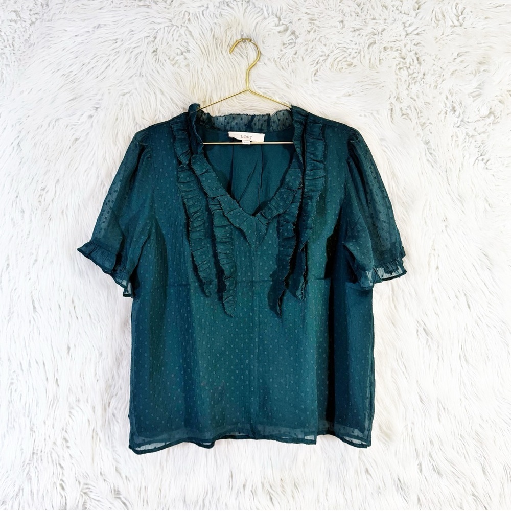 Loft emerald green clips dot ruffle trim blouse
